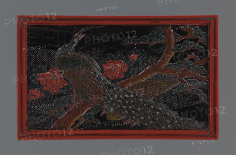 Box with a lid, Japanese art, Japanese culture, Meiji 1868–1912, boxes, lacquer, peacocks, pines, peonies. Decoration on the lid: two peacocks in a chrysanthemum garden, pine tree, landscape in the background. Red, black, and dark green lacquer. 19th/20th century Meiji period, Japan. Container. Height 8.9 cm, width 20.2 cm, depth 12.5 cm, weight 369 g., A rectangular carved panel with a red outer frame shows a scene of two birds perched on a branch amid foliage and flowers; the birds have patterned plumage with dark greenish, brown, and gray tones and pale spots on their long tails, and small red accents near their heads and legs; the branch is brown with textured bark and supports green leaves and pine-like needles, while a few large flowers in shades of red bloom nearby against a predominantly black background with carved geometric patterns.