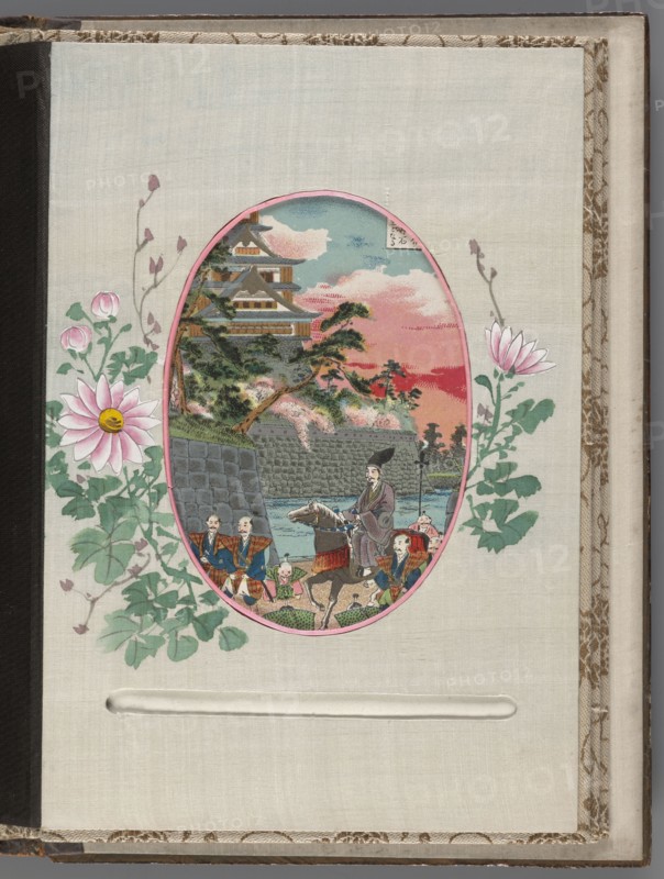 Album of photographs and postcards; Japanese art; Meiji period late 19th century, 1868–1912; themes: landscapes, women Japanese women, sakura, boats, torii, mountains, birds, rivers, pine trees, lotuses. Cover: wood covered with brown and black lacquer, painted with gold maki-e; bone faces, superimposed; decoration: landscape with two figures in a boat. Pages decorated with floral and landscape motifs. Album; height 17.1 cm, width 23.2 cm., An oval illustration framed by a pink border sits on a light beige textured background; inside the oval is a scenic scene with a multi-tiered building with sloped roofs set among green trees and shrubs, a stone wall in front, and a water area, all under a sky with shades of blue and pink; in the foreground several clothed figures in traditional attire are gathered near the stone wall, including one person mounted on a brown horse; surrounding the oval are floral decorations with leaves and blossoms in shades of pink, green, and pale purple, and addi...
