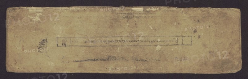 Buddhist text - Prayer for rebirth in the pure land of Sukhavati by master Raga Asja the first reincarnation of the Karma Chagme lineage, unknown creator role, Tibetan, graphic prints, prayer text, Buddhist book of the pecha type, xylographic print in disciple script dbu can, top edge tied with string. Leaf numbering on recto, 16 folios in total, 15 numbered with text, the last blank. 15th folio verso handwritten in pencil in Ume script dbu med, 16th folio verso handwritten ink upside down in the scripts of students and Ume. Original prayer text by master Raga Asja Tib. ra ga a syas, the first tulku of the Karma Chagme Tib. kar ma chags med reincarnation lineage, dates from the 17th century. 19th century, Tibet, graphic, height 30.5 cm, width 8.6 cm., A long, rectangular, worn object with a textured surface in shades of beige and tan, set against a dark background that appears nearly black. The beige surface shows darker brown smudges and spots, a few lighter cream patches, and areas o...