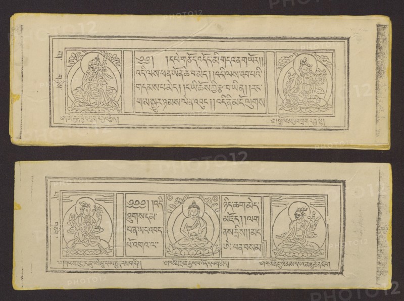 Buddhist text - Prayer for rebirth in the pure land of Sukhavati called Dechen Monlam, by master Raga Asja the first reincarnation of the Karma Chagme lineage Tib. rnam dag bde can zhing gi smon lam ra+a ga a syas mdzad pa bzhugs sto. Buddhist art, Tibetan culture, prayer texts, graphic prints, Book in Tibetan pecha style, xylographic print in disciple script dbu can. Pages numbered on the recto side first page verso, 25 folios. 1 verso page and 2 recto illustrations. Edges tinted yellow. The original text of the prayer called Dechen Monlam Tib. bde chen smon lam, by master Raga Asja Tib. ra ga a syas, the first tulku of the Karma Chagme Tib. kar ma chags med reincarnation lineage, dates from the 17th century. 19th century, Tibet. Graphic; width 25.5 cm, height 8.7 cm., The image shows two horizontal rectangular sheets with ornate black line drawings and decorative borders set against a dark background; each sheet contains three vertical panels separated by thin lines, with the outer p...