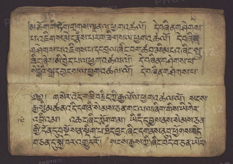 Buddhist manuscript — Penitential Text Tib. sDig bshags gser gyi zhes bya ba bzhugs+o, unknown author/scribe, Tibetan Buddhist art, Himalayan culture. Book in Tibetan pecha style, manuscript in student's script. Leaf numbering 2–22 verso, first recto, last two unnumbered. Handwritten notes folio 24 recto and verso. 19th century, Tibet. Manuscript; width 24.0 cm, height 8.1 cm., A worn, rectangular sheet with a textured beige surface showing darker aged edges and creases, divided horizontally into two main sections by a fold; each section contains rows of dark black calligraphic markings arranged in neat lines, with vertical rule lines framing the left and right margins of both sections. The paper shows small stains and smudges in brown and gray, faint spots and ink blots, and uneven discoloration with areas of lighter cream and darker tan; the top and bottom borders are slightly darker and rounded at the corners. Several ink flourishes and ornate strokes are visible along the left marg...
