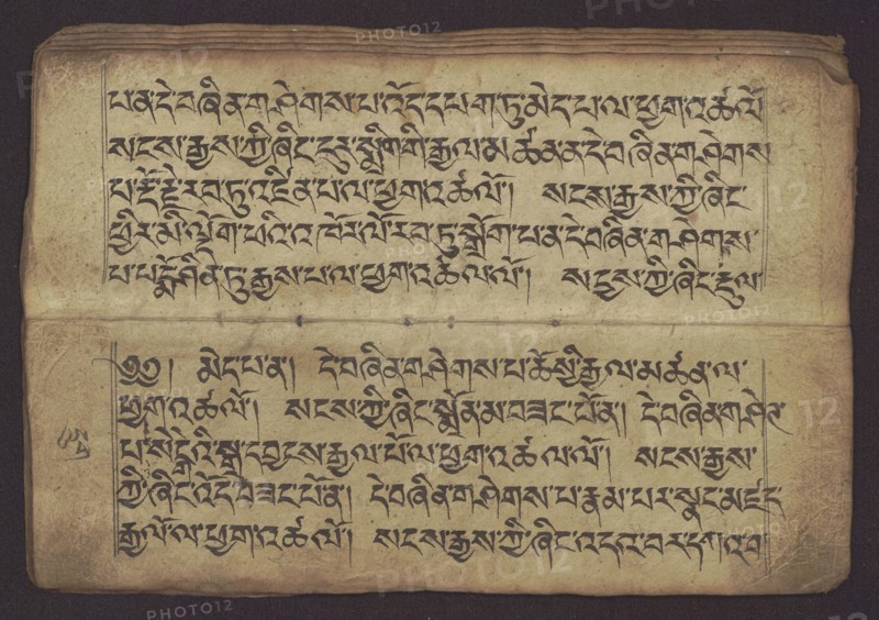 Buddhist Manuscript - Penitential Text Tib. sDig bshags gser gyi zhes bya ba bzhugs+o, unknown creator/author, student's script, manuscript in Tibetan pecha style, handwritten notes folio 24 recto and verso, leaf numbering 2–22 verso, first recto, last two unnumbered, 19th century, Tibet, manuscript, width 24.0 cm, height 8.1 cm, A worn, horizontal page with two wide panels of dense handwritten script separated by a horizontal crease, the paper showing aged beige and tan tones with darker brown edges and some darker spots; the ink is dark black forming flowing, angular characters arranged in neat lines, with faint vertical guide lines visible at the edges of the panels; the page has a few small stains and slight creases, and the outer background around the page appears deep brown to near black.
