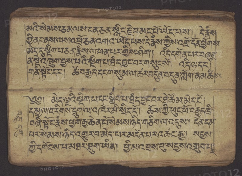 Buddhist Manuscript - Penitential Text Tib. sDig bshags gser gyi zhes bya ba bzhugs+o, unknown creator scribe-copyist, Tibetan Buddhist art, Himalayan culture, Book in Tibetan pecha style, manuscript in student's script. Leaf numbering 2-22 verso, first recto, last two unnumbered. Handwritten notes folio 24 recto and verso. 19th century, Tibet, manuscript, width 24.0 cm, height 8.1 cm, A worn, rectangular manuscript page lies flat against a dark background, showing an aged tan paper surface with visible creases and slight discoloration, darker along the edges and fold. The page contains a group of several lines of dense black calligraphic script arranged in two horizontal blocks separated by a horizontal crease, with margin lines framing the text in places. The paper shows small stains and spots in muted brown and gray, and the edges are slightly frayed and darker brown. The overall visible colors are tan, black, brown, gray, and a dark background bordering the page.