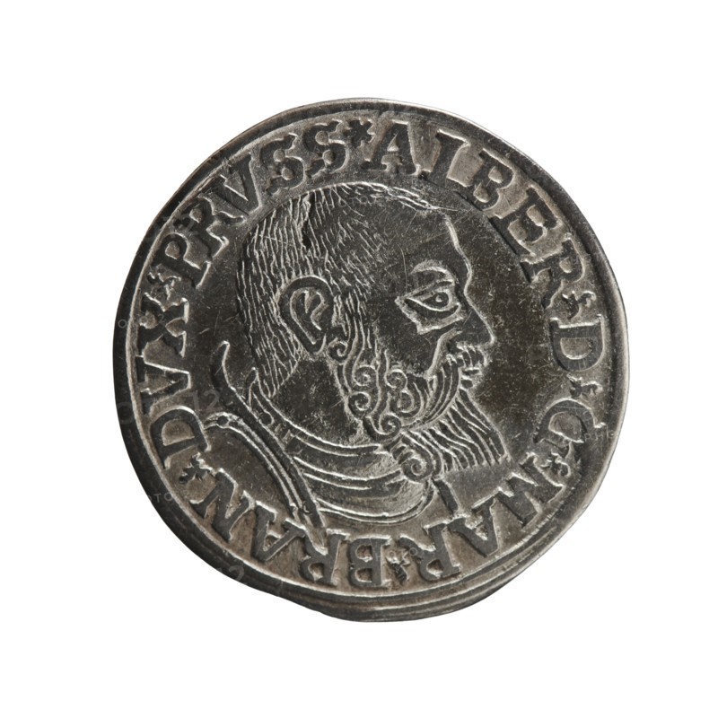 Trojak, Vogelwaider Vogelwaid, Eustachius publisher, Decius, Jost Ludwik fl. 1528–1535 co-creator. Albrecht Hohenzollern Prince of Prussia; 1490–1568 — iconography: male busts in armour, stars. Obverse: male bust in armour in profile turned to the right; short hair, beard with sideburns. Inscription around the rim: *ALBER DG MAR BRAN DVX PRVSS*; continuous border, floral motifs between the words. Reverse: in the continuous border an inscription in six lines: *III/.GROSS:AR:/.TRIPLEX./.ALBER:DVC./.PRVSSIE./*I539* 1539. Ducal Prussia 1525–1701, Königsberg. Coin; diameter 22.4 mm, weight 2.61 g, axis 160°., A round metallic coin with a raised profile of a bearded man's head facing right, surrounded by a raised border and decorative raised lettering around the edge; the coin shows textured engraved hair and beard details, a raised rim, and areas of lighter and darker silver-gray tones with small worn or shiny highlights.