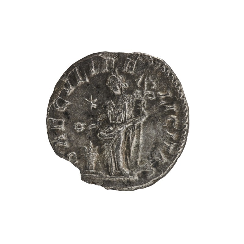 Denarius, Elagabalus 204–222; Roman emperor 218–222. Roman Empire. Obverse: IVLIA MAESA AVG — draped bust of Julia Maesa facing right, pearl border. Reverse: SAECVLI FELICITAS — Felicitas standing left, holding a patera above a burning altar in her right hand and a long caduceus in her left; star in right field, pearl border. 218–223, Rome. Coin; diameter 16.5–17.0 mm, weight 1.95 g., A worn round coin with a tarnished metallic surface in shades of gray and dark silver, showing the faint raised outline of a standing figure draped in a long garment, with a few indistinct raised shapes around the figure and along the coin's scalloped edge, and a small irregular chip on one side.