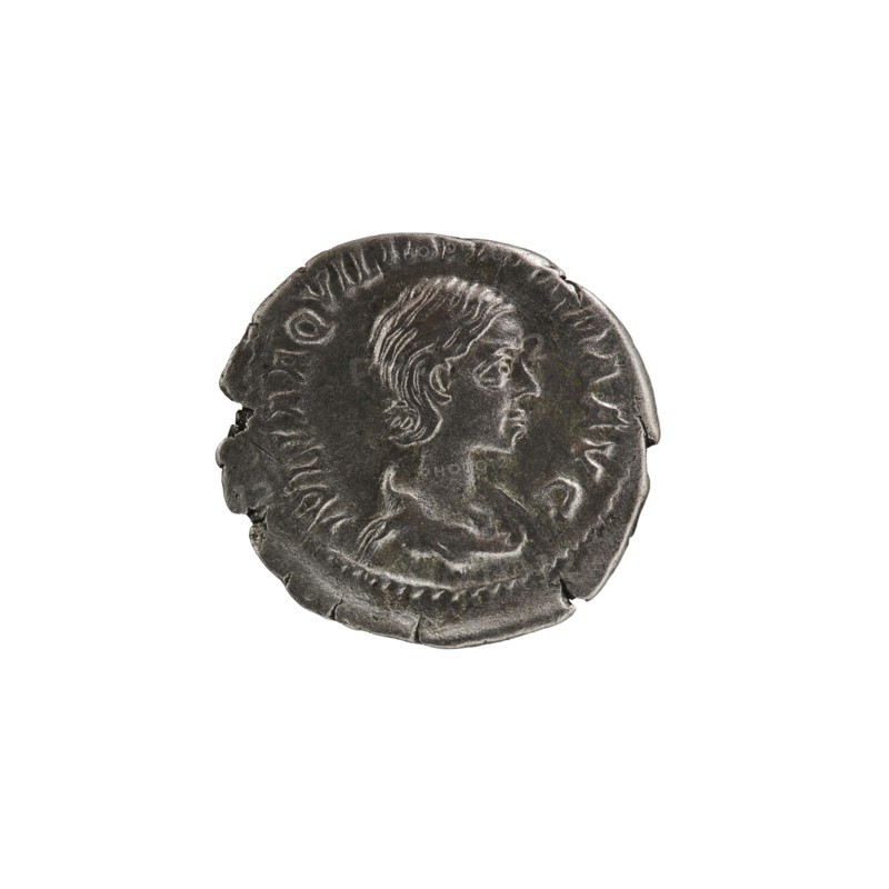 Denarius, Elagabalus 204–222; Roman emperor 218–222. Issuer: Aquilia Severa fl. 220–222; Roman empress 221–222. Roman Empire, Rome, 220 CE. Obverse: IVLIA AQVILIA SEVERA AVG — Draped bust of Aquilia Severa facing right; pearl border. Reverse: CONCORDIA — Concordia standing left; in her right hand a patera held above a burning altar, in her left hand a double cornucopia; star in right field; pearl rim. Coin denarius: diameter ca. 18.0–18.5 mm; weight 3.40 g., A worn circular coin with a raised profile of a person facing right is visible; the coin shows textured, uneven edges with small chips and cracks, and a decorative raised rim surrounding the portrait. The portrait displays detailed hair pulled back and visible facial features and neck, and there are raised decorative elements around the rim. The visible colors are shades of dark gray and silver with subtle variations in tone.