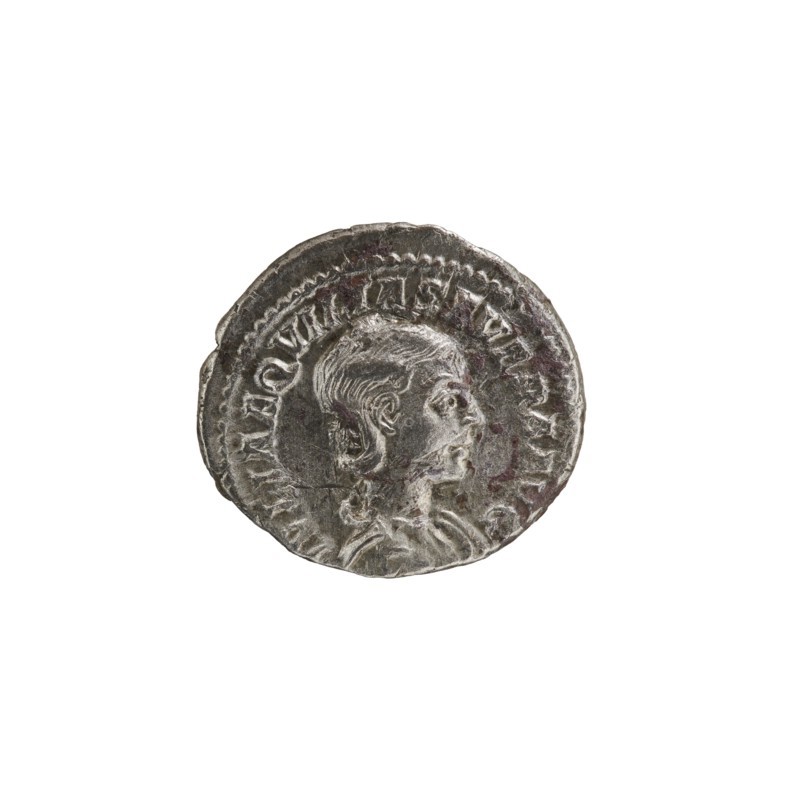 Denarius, Elagabalus 204–222; Roman emperor 218–222. Issuer: Aquilia Severa fl. 220–222; Roman empress 221–222. Roman Empire, Rome, 220. Obv.: IVLIA AQVILIA SEVERA AVG — Draped bust of Aquilia Severa facing right, pearl border. Rev.: CONCORDIA — Concordia standing left; right hand holds a patera above a burning altar, left hand holds a double cornucopia; pearl rim. Coin; silver denarius; diameter ~17.5–19.0 mm; weight 2.90 g., A round metallic object with a raised profile of a person in relief, showing a side-facing head with detailed hair and facial features, set against a textured background and surrounded by a raised border; the object displays a worn, uneven surface with areas of darker discoloration and lighter metallic highlights in shades of silver, gray, and muted brown.
