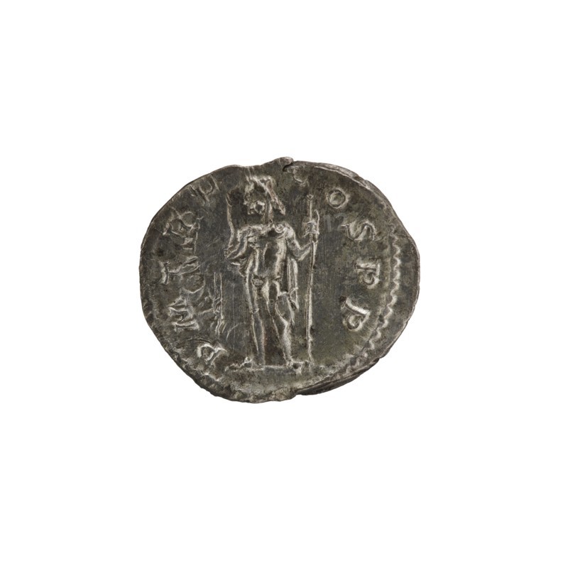Denarius; Obv.: Bust of Alexander Severus with laurel wreath and paludamentum facing right, pearl rim; inscription IMPCMAVRSEVALEXANDAVG. Rev.: Jupiter naked in a cloak stands facing left, holding a thunderbolt in his right hand and a long scepter in his left, pearl rim; inscription PMTRP COSPP. Roman, 222 CE. Minted in Rome. Coin; diameter ~17.0–19.0 mm; weight 2.51 g., A round metal coin with a worn, uneven edge shown against a white background; the coin appears silvery gray with darker gray areas from tarnish. The coin surface shows a raised figure standing in the center holding a long staff, with visible drapery or cloth folds around the figure; the figure and surrounding relief have lighter gray highlights contrasting with darker recessed areas. There is a faint decorative border around part of the coin rim and a group of small raised shapes along the edge. The overall appearance is metallic with shades of silvery gray and dark gray.