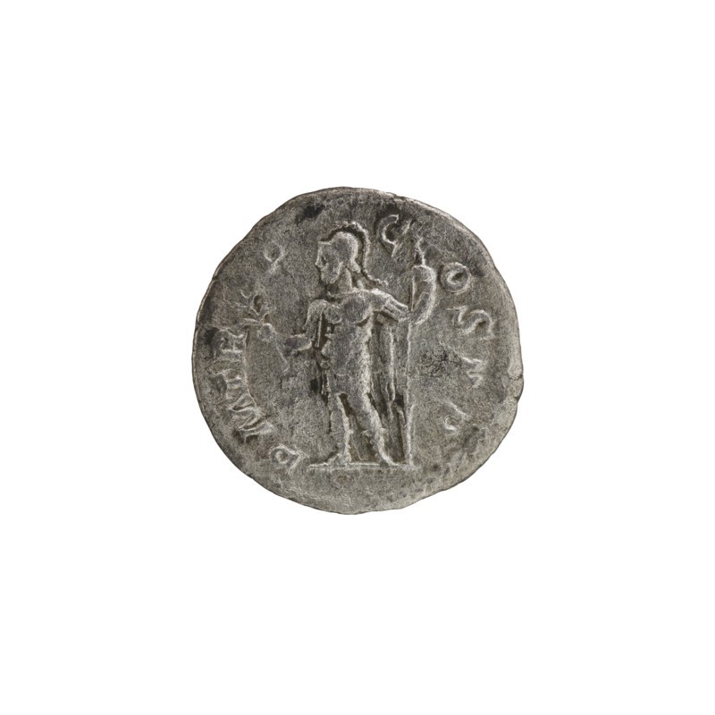 Denarius, Alexander Severus 208–235; Roman emperor 222–235. Obverse: IMPC M AVR SEV ALEXAND AVG — Bust of Alexander Severus with laurel wreath and paludamentum facing right; pearl border. Reverse: PM TR P COS PP — Mars in military dress and helmet standing left, holding a branch in his right hand and leaning his left against a standing spear; pearl border. Roman Empire, Rome, 222. Coin; diameter 19.5 mm; weight 2.22 g., A circular metallic object with a worn, textured surface showing a raised depiction of a standing human figure holding a vertical staff in one hand and a small branchlike item in the other, surrounded by faint raised markings along the edge; the object appears mainly gray and silver with darker gray areas in the recesses and lighter silver highlights on the raised portions, set against a white background.