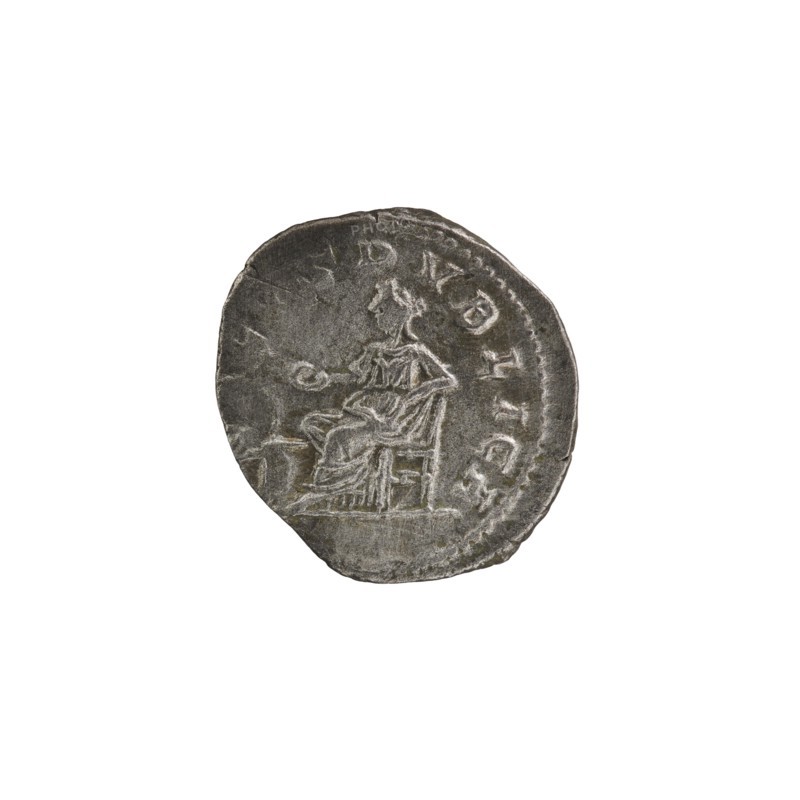Denarius; personifications; Alexander Severus Roman emperor, 222–235 — iconography: Salus. Obverse: IMPCMAVRSEVALEXANDAVG. Bust of Alexander Severus in laurel wreath, armor and paludamentum facing right, pearl rim. Reverse: SALVS PVBLICA. Salus seated facing left, holding a patera in her right hand feeding a snake, left hand resting on a backrest; pearl rim. 222–228 CE; Roman Empire; struck in Rome. Coin; diameter 17.0–19.5 mm; weight 3.00 g., A worn circular metallic object with a dark gray and silver patina sits against a white background, showing an engraved seated figure in profile on one face; the figure appears draped in flowing garments and is seated on a simple chair or throne with visible folds and lines suggesting fabric, and there is a suggestion of raised edging around the object's perimeter.