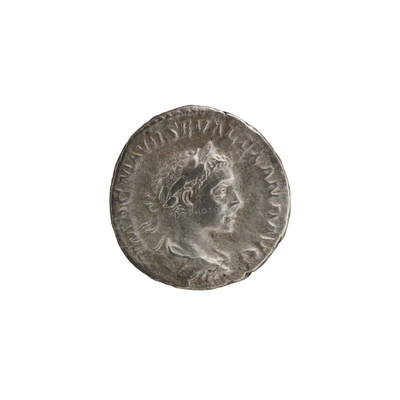 Denarius; personifications; Alexander Severus Roman emperor, 222–235 — iconography: Salus personification. Obverse: IMPCMAVRSEVALEXANDAVG. Bust of Alexander Severus in laurel wreath, armor and paludamentum facing right; pearl rim. Reverse: SALVSPVBLICA. Salus seated facing left, holding a patera in her right hand feeding a snake coiled around an altar; left hand rests on the backrest; pearl rim. Date: 222–228. Roman Empire. Mint: Rome. Coin; diameter 18.5–19.0 mm; weight 3.05 g., A round metallic coin with a worn surface showing a raised profile of a person's head facing right, surrounded by a raised rim and a band of small decorative marks; the coin appears in shades of gray and silver with darker gray shadows in recessed areas and slightly lighter highlights on raised features, set against a plain white background.
