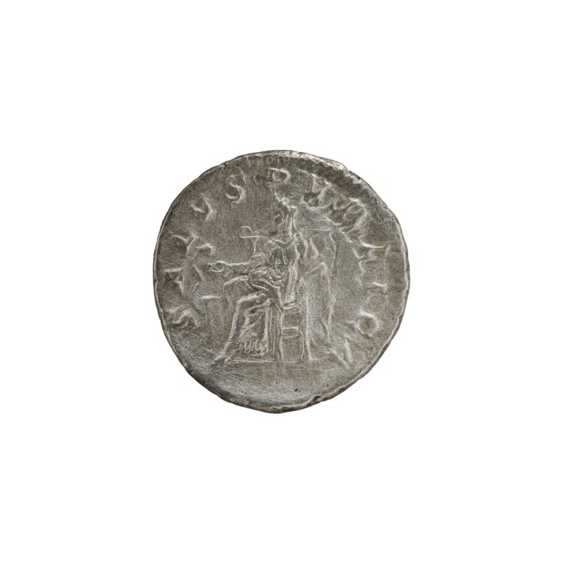 Denarius; personifications; Alexander Severus Roman emperor, 222–235 — iconography: Salus. Obverse: IMPCMAVRSEVALEXANDAVG. Bust of Alexander Severus in laurel wreath, armor and paludamentum facing right; beaded rim. Reverse: SALVSPVBLICA. Salus seated facing left, holding a patera in her right hand feeding a snake coiled around an altar, left hand on the backrest; beaded rim. Date: 222–228. Roman Empire 27 BC–476. Mint: Rome. Coin. Diameter: 18.5–19.0 mm. Weight: 3.05 g., A circular metallic object with a worn, uneven surface and raised, shallow relief showing a seated figure and a standing figure, both with draped clothing; the object appears silver-gray with darker gray shadows and lighter gray highlights, and shows a rough textured edge and subtle surface scratches.