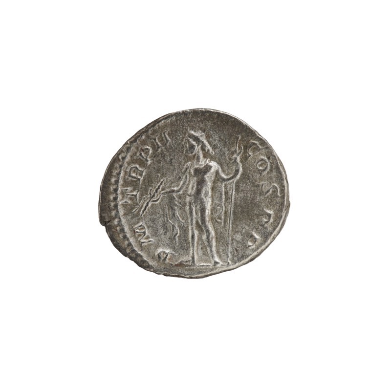 Denarius, Roman deities, Jupiter; Alexander Severus Roman emperor, 222–235 — iconography. Obv.: IMPCMAVRSEVALEXANDAVG. Bust of Alexander Severus with laurel wreath and paludamentum facing right, pearl rim. Rev.: PM TRPII COSPP. Jupiter naked in a cloak stands facing left, holding a thunderbolt in his right hand and a long scepter in his left, pearl rim. 223. Roman Empire 27 BC–476. Rome. Coin; diameter 17.0–19.5 mm; weight 3.02 g., A round metallic coin with a worn surface showing a raised figure of a standing person holding a long staff in one hand and a smaller object in the other, surrounded by a ring of faint raised marks around the edge; the coin appears in shades of gray and silver with darker gray areas in the recessed portions and some lighter silver highlights on the raised details.