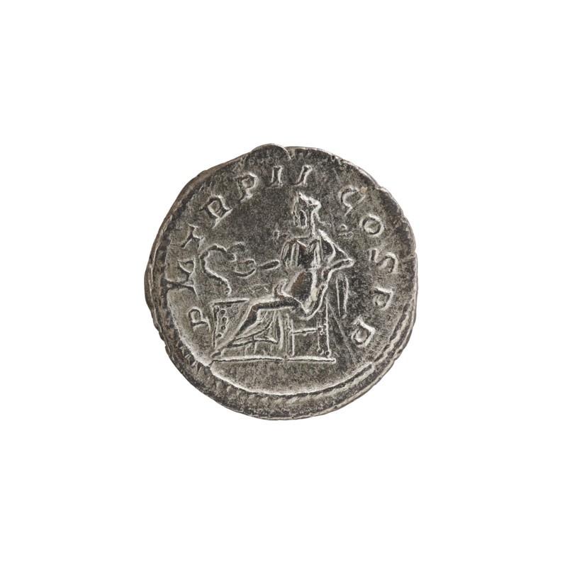 Denarius; personifications; Alexander Severus Roman emperor, 222–235 — iconography: Salus. Obverse: IMPCMAVRSEVALEXANDAVG — Bust of Alexander Severus with laurel wreath and paludamentum facing right, pearl rim. Reverse: PMTRPII COSPP — Salus sits on a throne facing left, in his right hand she holds a patera feeding a snake coiled around the altar, left elbow resting on the back of the throne, pearl rim. Date: 223, Rome; Roman Empire 27 BC–476. Coin; diameter ~17.0–17.5 mm; weight 2.70 g., A circular metallic object with a textured, worn surface showing a raised design of a seated human figure on a chair, a raised outline around the rim, and a decorative curved element near the figure; colors visible include shades of gray, silver, and darker gray areas, with subtle variations creating highlights and shadows.