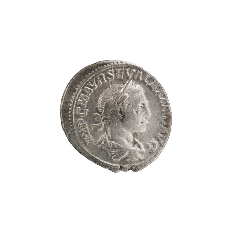 Denarius, personifications, Alexander Severus Roman emperor; 222–235 — iconography: Salus. Obverse: IMPCMAVRSEVALEXANDAVG. Bust of Alexander Severus wearing a laurel wreath, armor, and paludamentum facing right; pearl rim. Reverse: PMTRPII COSPP. Salus seated on a throne facing left, holding a patera in her right hand feeding a snake coiled around the altar, left elbow resting on the back of the throne; pearl rim. Date: 222. Roman Empire. Rome mint. Coin; diameter 17.5–19.0 mm; weight 2.70 g., A round metallic coin with a worn surface showing a raised profile of a person facing right wearing a laurel or similar headpiece and draped clothing, surrounded by a raised border and decorative edge; the coin appears silver-gray with darker gray toning in crevices and lighter silver highlights on raised areas, set against a plain white background.