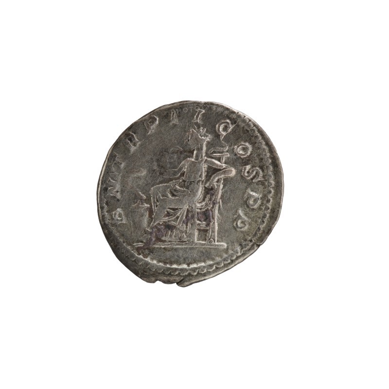 Denarius, personifications, Alexander Severus Roman emperor; 222–235 - iconography, Salus personification. Obverse: IMPCMAVRSEVALEXANDAVG. Bust of Alexander Severus wearing a laurel wreath, armor, and paludamentum, facing right; pearl rim. Reverse: PMTRPII COSPP. Salus seated on a throne facing left, holding a patera in her right hand feeding a snake coiled around the altar, left elbow resting on the back of the throne; pearl rim. 222. Roman Empire 27 BC–476, Rome; coin. Diameter: 17.5–19.0 mm; weight: 2.70 g., A round, worn coin with a metallic gray surface showing a seated figure on a throne, the figure facing right with draped clothing and one arm resting on the back of the seat; the coin edge is slightly irregular with a faint raised rim and some small dents; visible colors include shades of gray, silver, and darker gray patina.