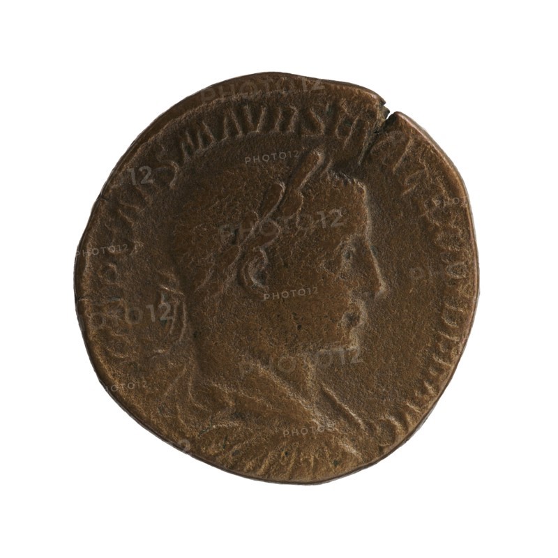 Sestertius, personifications, Alexander Severus Roman Emperor; 222–235 — iconography: Providentia. Obverse: IMPCAESMAVRSEVALEXANDERAVG. Bust of Alexander Severus wearing a laurel wreath, armor and paludamentum facing right; pearl surround. Reverse: PONTIFMAXTRPIICOSPP; in the section SC. Providentia stands upright, head turned left, holding a baton in her right hand and, with her left hand leaning against a column, a cornucopia; at her feet on the left a sphere; pearl surround. 223 CE, Roman Empire; Rome. Coin sestertius: diameter approx. 28.5–29.0 mm, weight 19.60 g., A round, worn coin with a brown, aged surface showing a raised profile of a person's head facing right, a laurel or band across the hair, an uneven rim, and some small nicks and surface irregularities; the background around the coin is white, and the visible colors are shades of brown with slightly darker and lighter brown areas.