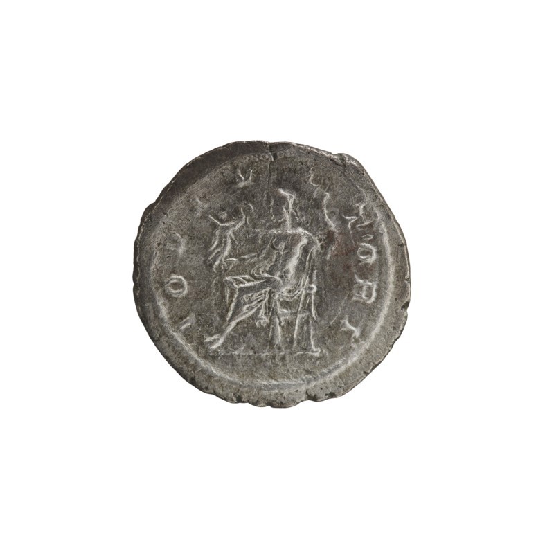 Denarius; obverse: IMPCMAVRSEVALEXANDAVG — Head of Alexander Severus right, laurel wreath and paludamentum, pearl rim. Reverse: IOVI VL TORI — Jupiter half-naked seated on a throne facing left, holding Victoria in his outstretched right hand and a spear in his left, pearl rim. Circa 222–228. Roman Empire, minted in Rome. Coin. Diameter: 18.5–19.5 mm; weight: 2.88 g., A round, worn metal object with a textured surface in shades of gray and dark gray occupies the center of a white background; the object shows an embossed scene with a seated human figure and another standing figure, both rendered in the same gray tones, and a raised rim encircling the scene.