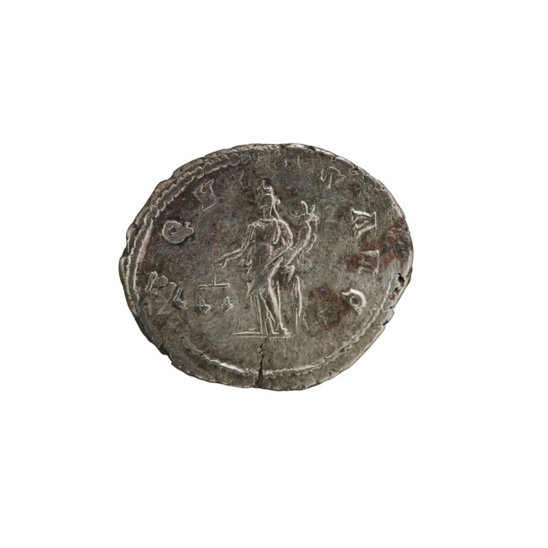 Denarius subaerate, Alexander Severus 208–235; Roman emperor 222–235. Obverse: IMPCAESMAVRSEV ALEXANDERAVG — Bust of Alexander Severus in laurel wreath, armor and paludamentum facing right; pearl border. Reverse: AEQVITASAVG — Aequitas standing facing left, holding scales in right hand and cornucopia in left; pearl border. Roman Empire, 222–228. Mint: Rome. Coin; diameter 18.0–20.5 mm; weight 3.30 g., A worn round metal coin with a rough, irregular edge and a central raised design showing a standing human-like figure holding an object, surrounded by shallow incised marks and faint decorative border; the surface shows patches of darker and reddish discoloration and areas of lighter gray and silvery tones.