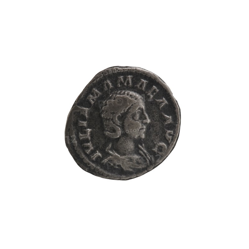 Denarius depicting Julia Mamaea ca. 180–235; Augusta 222–235 and Alexander Severus 208–235; Roman emperor 222–235; obverse/title inscriptions attributing roles, mottos, and titles; reverse showing Juno Roman deity. Iconography of Julia Mamaea 180–235. Date: 225–235, Rome, Roman Empire 27 BC–476. Coin; diameters 18.0 mm and 21.0 mm; weight 2.11 g., A round, worn coin with a raised profile of a person's head in relief on one side, showing hair pulled back and facial features in profile; the coin surface has a textured, aged appearance with uneven edges and a ring of raised elements around the portrait; colors visible include dark gray, lighter gray highlights, and subtle blackened shadows against a plain white background.