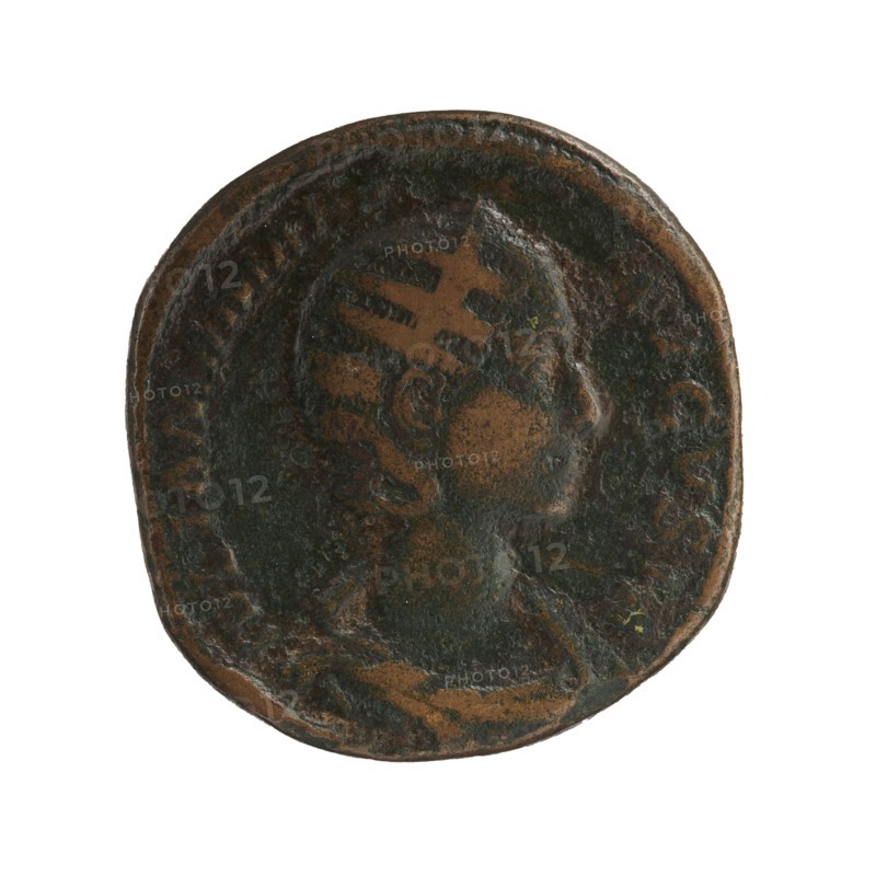 Sestertius, Julia Mamaea ca. 180–235 and Alexander Severus 208–235; Roman emperor 222–235 issuer, obverse probably showing Julia Mamaea; reverse depicting Roman deity Venus; iconography of Julia Mamaea; date: 225–235; place of creation: Rome, Roman Empire 27 BC–476; coin sestertius, diameter ~28–30 mm, weight 19.95 g., A round, worn coin with a raised profile of a person facing right in the center; the surface shows areas of dark greenish patina and brown metal with lighter brown highlights where the relief is worn, and the rim is slightly irregular.