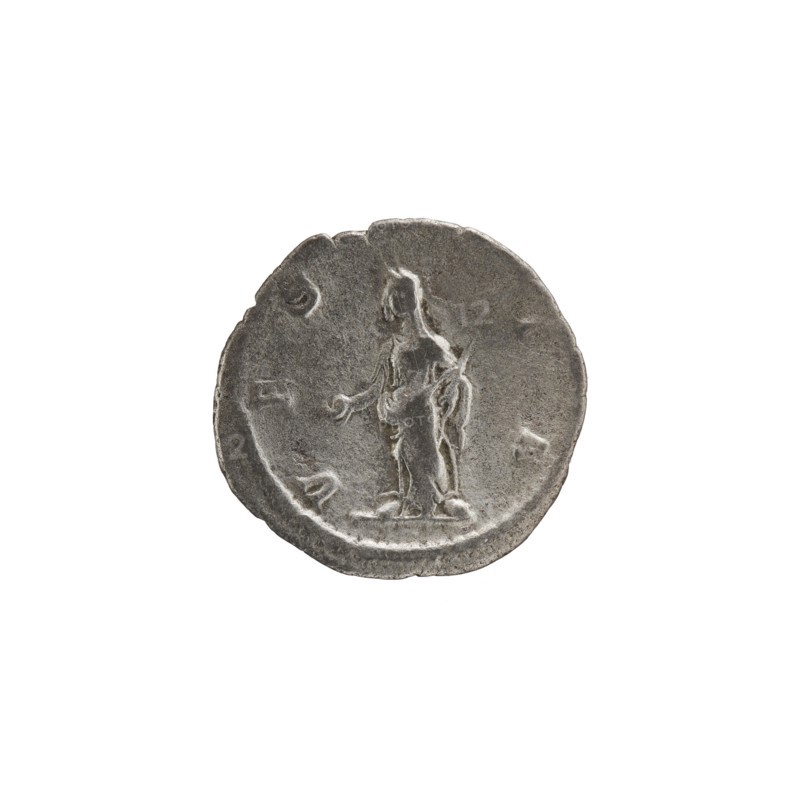 Denarius depicting Julia Mamaea ca. 180–235; Augusta 222–235 and Alexander Severus 208–235; Roman emperor 222–235, issuer Alexander Severus; obverse/persona: Julia Mamaea; reverse: Vesta Roman deity. Iconography attributed to Julia Mamaea 180–235. Date: 225–235, Rome. Roman Empire 27 BC–476. Coin; diameter 18.5–19.0 mm; weight 2.25 g., A worn circular metal coin with a dull gray color showing a raised depiction of a standing human figure in profile, facing slightly left, with one arm extended and the other holding an object; the coin surface has irregular edges and surface texture with areas of darker and lighter gray.