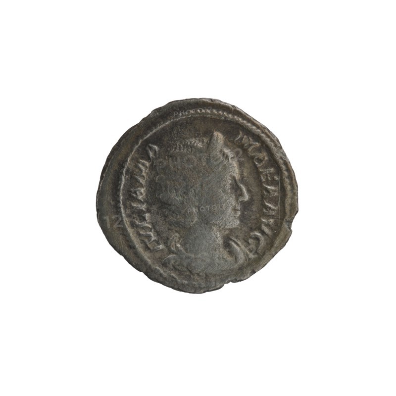 Denarius depicting Julia Mamaea ca. 180–235; Augusta 222–235 and Alexander Severus 208–235; Roman emperor 222–235. Issuer/author: Alexander Severus. Iconography: Julia Mamaea, personification Felicitas. Date: 225–235 CE. Place: Rome, Roman Empire. Medium: coin. Diameter: 19.5–20.5 mm. Weight: 2.45 g., A circular metal coin with a worn raised portrait in profile facing right, showing facial features and hair texture; the coin has a raised rim and decorative border around the portrait, and the surface appears aged and textured with irregular edges; visible colors include dark gray, muted brown, and hints of greenish patina.