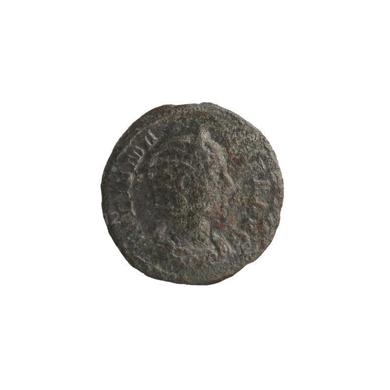 Denarius unofficial depicting Julia Mamaea ca. 180–235; Augusta 222–235 and Alexander Severus 208–235; Roman emperor 222–235. Obverse: busts or portraiture of Julia Mamaea iconography and Alexander Severus; reverse: Felicitas personification and other personifications. Date: 225–235 or later; Roman Empire 27 BC–476; Rome mint. Coin; diameter 19.0 mm; weight 3.22 g., A single round, weathered metal object with a rough, pitted surface and irregular edges, showing a raised, worn central relief that suggests a profile shape; the object displays a mix of dark brown, greenish, and gray tones with hints of reddish-brown patina.