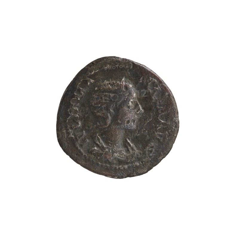 Denarius depicting Julia Mamaea ca. 180–235; Augusta 222–235 and Alexander Severus 208–235; Roman emperor 222–235 as issuer; obverse/persona details include titles and hierarchy of power. Reverse: Roman deity Venus. Iconography attributed to Julia Mamaea 180–235. Date: 225–235, Rome, Roman Empire 27 BC–476. Coin; diameter 20.5–21.0 mm; weight 3.15 g., A round metal coin with a worn raised portrait in profile at its center, showing facial features and hair details; the coin surface appears textured and aged with irregular edges and small pits. Visible colors include dark brown, black, and hints of reddish-brown and gray across the coin, set against a white background.