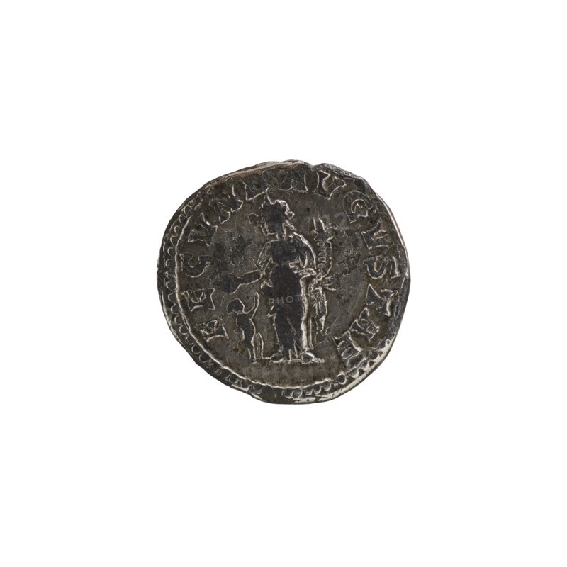 Denarius, Alexander Severus 208–235; Roman emperor 222–235 issuer; Julia Mamaea ca. 180–235; Augusta 222–235 co-creator; Fecunditas personification; Julia Mamaea — iconography; personifications; 225–235; Roman Empire 27 BC–476, Rome; coin; diameter 17.5 mm, diameter 18.0 mm; weight 2.02 g, A round, worn coin with a metallic gray surface sits against a white background, showing a raised, darker gray central design of a standing human figure facing sideways with a smaller figure near their legs and holding a long, thin object; the coin edge displays an irregular border with dented ridges and variations in silver and dark gray tones.