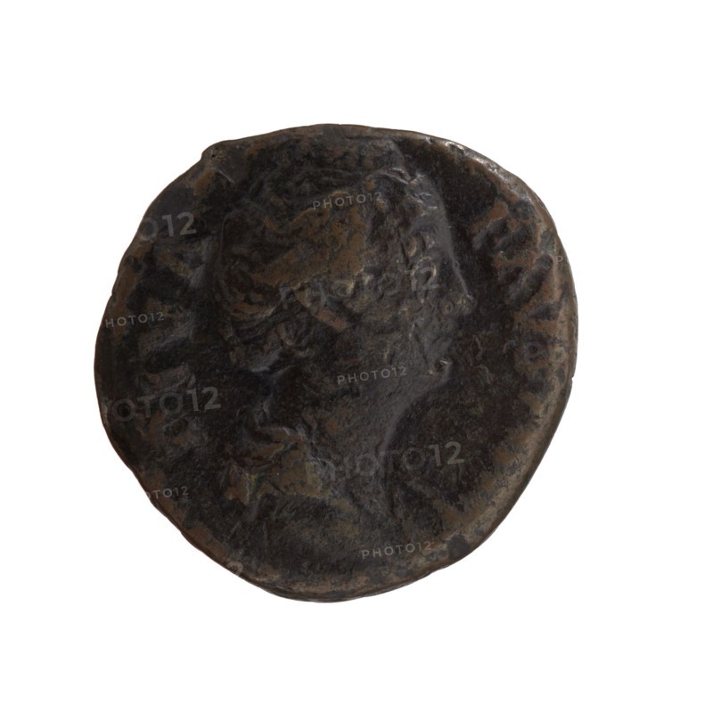 Dupondius/as; Faustina the Elder 98–141; Roman empress 138–141 posthumously; Antoninus Pius 86–161; Roman emperor 138–161 issuer. Obverse: Bust of Faustina I in drapery facing right, legend DIVA • FAVSTINA. Reverse: Aeternitas personification in a veil sits on a star-studded globe to the left, right hand outstretched, holding a scepter in the left; legend AETER•N ITAS around, in the SC. section. After 141, Roman Empire; Rome mint. Coin; diameter 24.0–25.5 mm, weight 8.50 g, axis 180°., A dark round object with an uneven surface showing worn raised shapes and contours, displaying a mix of dark brown and black tones with some lighter brown highlights; the object sits against a white background.