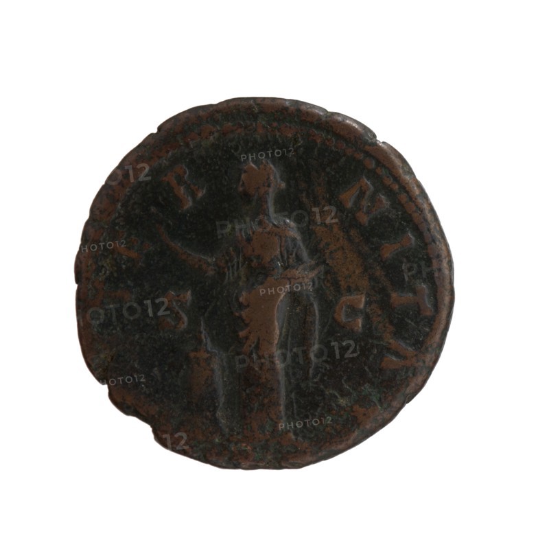 Dupondius/as; Faustina the Elder 98–141; Roman empress 138–141 posthumous; Antoninus Pius 86–161; Roman emperor 138–161 issuer. Bust of Faustina I in veil and drapery facing right, legend DIVA · FAVSTINA around; reverse: Pietas stands left, stretches right hand above an altar, holds a container in left hand incense. Legend AE · TE · R · NITAS all around, in SC in fields. After 141. Rome, Roman Empire. Bronze coin dupondius, diameter 26.5 mm, weight 12.25 g, axis 345°., A round, worn coin with an uneven edge showing a dark greenish-black patina mixed with brown areas; the coin's surface displays a raised, faintly detailed standing figure in the center with indistinct outlines and some textured wear; the outer rim has a dotted border and scattered raised marks, and overall the visible colors are dark green, black, and brown.