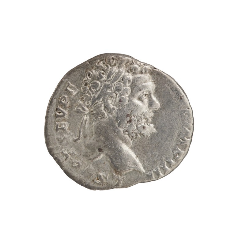 Denarius, Septimius Severus 146–211; Roman emperor 193–211 issuer. Obverse: Head of Septimius Severus in a laurel wreath facing right, inscription L SEPT SEV PE - RT AVG IMP IIII all around. Reverse: Minerva standing left, holding a spear in her right hand pointing forward and downward and a round shield in her left, inscription P M TR P II - COS II PP all around. Date: 194–195. Place: Rome, Roman Empire 27 BC–476. Type: coin. Diameter: 16.0–18.0 mm. Weight: 2.75 g. Axis: 180°., A circular metallic coin with a worn surface showing the right-facing profile of a bearded man with curly hair and a laurel or ribbon tying the hair at the back; the relief emphasizes facial features and textured hair and beard. The coin appears silver-gray with darker gray patina in recessed areas and a few small brownish spots. The rim is irregular and slightly dented, and the background around the coin is plain white.