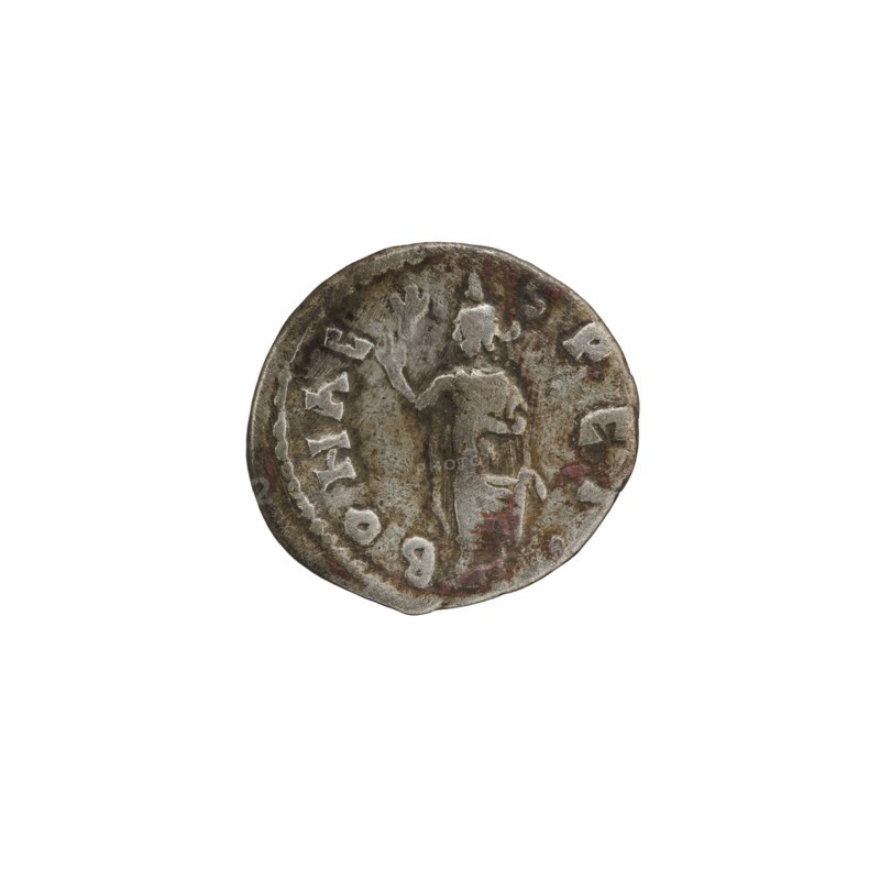Denarius depicting Roman deities and Spes personification; Septimius Severus Roman emperor; 146–211. Date: 194. Place of origin: Emesa, Roman Empire 27 BC–476. Medium/object: coin; mint: Emesa. Dimensions: diameters 17.0 mm and 18.5 mm; weight 2.57 g., A round, worn coin with a metallic gray and brown patina showing a raised central figure standing and holding an object, surrounded by a ring of raised impressions; the surface shows areas of darker brown and subtle reddish discoloration along the edges and on parts of the face, with lighter silvery highlights on raised details.