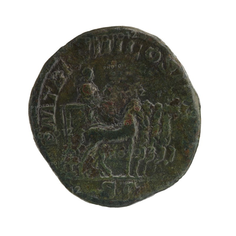 sestertius; quadrigae; emperor on quadriga iconography; Alexander Severus Roman emperor, 222–235 — iconography; 229; Roman Empire 27 BC–476 — place; Rome — mint; coin; diameter 28.0 mm; diameter 30.0 mm; weight 21.55 g, A round, worn coin with a mottled green and dark brown patina showing a raised scene of a chariot pulled by a group of standing figures and an animal; a seated figure appears on the left behind the chariot, and there are traces of raised decorative elements around the rim.