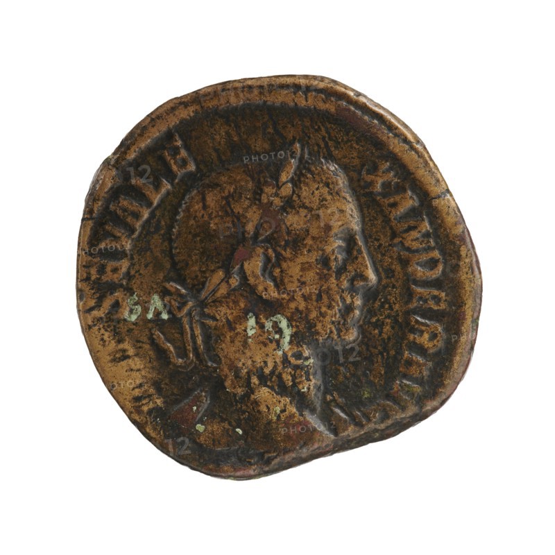 sestertius; Justitia personification; Alexander Severus Roman emperor, 222–235; iconography, personifications; 228–231 CE; Roman Empire; Rome mint; coin; diameter 28.0–30.0 mm; weight 19.85 g, A round, worn metal coin with a raised profile of a person's head facing right; the surface shows irregular patina and areas of darker wear, with small patches of greenish corrosion and some reddish-brown spots. The coin's dominant colors are brown, dark brown, greenish, and hints of reddish tones, and the rim appears slightly irregular and dented.