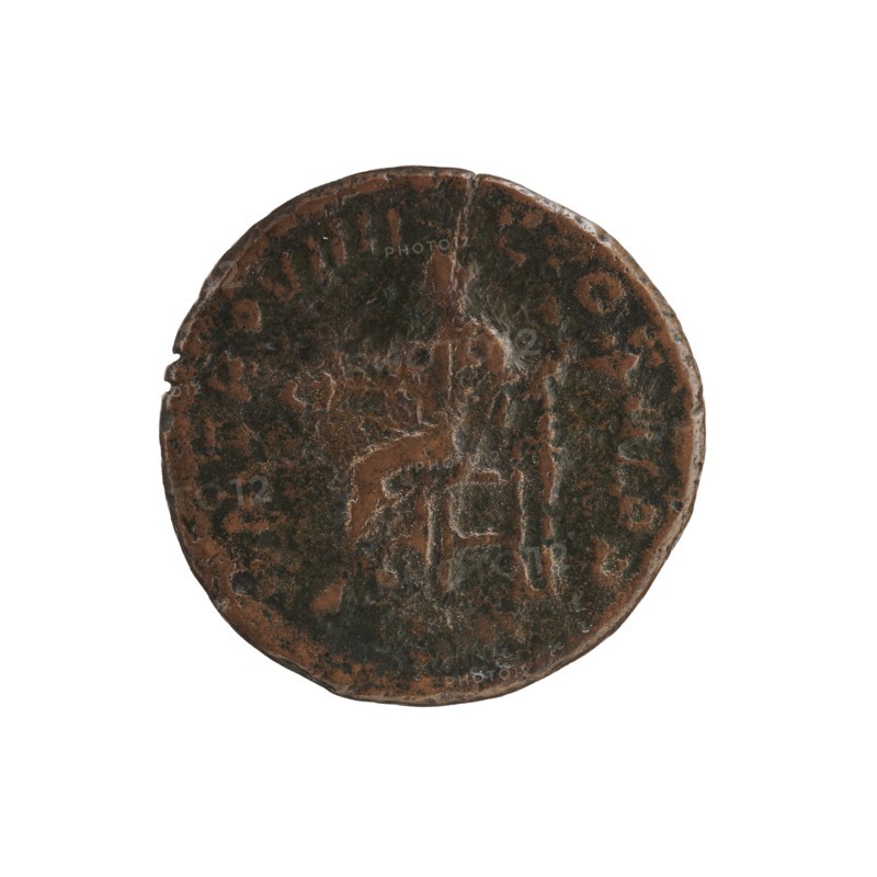 as forgery, Alexander Severus 208–235; Roman emperor 222–235 role classification of creator / personal mottoes / titles, positions / hierarchy of power / ruler, personifications, Alexander Severus Roman emperor; 222–235 - iconography, Justitia personification, 230 for the original, Rome for the original, Roman Empire 27 BC–476 for the original, coin, forgery, coin: diameter 24.5 mm, diameter 25.0 mm, weight 13.69 g, A circular, worn coin with a dark brown and greenish-black patina, showing raised and indented areas from wear; the surface has irregular rough textures and a few smoother brown highlights where the metal shows through, with an overall mottled appearance and slightly irregular edge.