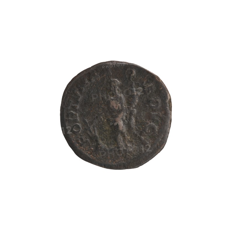 Denarius, Alexander Severus 208–235; Roman emperor 222–235. Issuer: Alexander Severus. Obverse/back: Roman deities, Fortuna mythology; iconography of Alexander Severus Roman emperor; 222–235. Date: 231–235. Place of origin: Rome, Roman Empire 27 BC–476. Object type: coin. Material/measurements: diameter 19.0–19.5 mm; weight 3.35 g., A round, worn coin with a dark brown and slightly greenish patina sits against a white background; the coin shows a raised, central figure in relief with indistinct features and a staff-like object, surrounded by a rim and faint raised markings along the edge, and the surface has uneven texture and areas of lighter brown and green discoloration.
