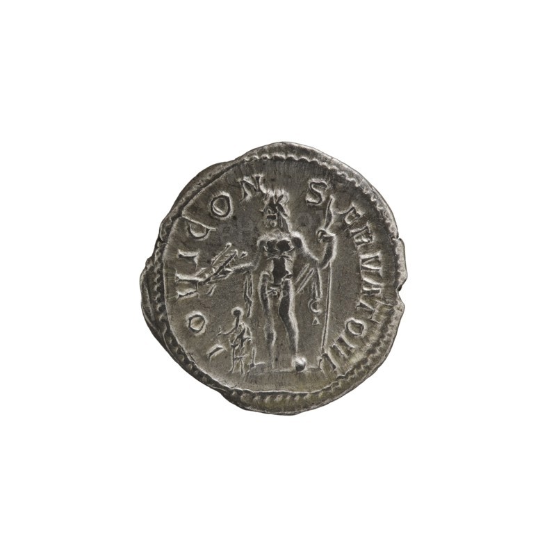 Denarius depicting Jupiter; Roman deities; Alexander Severus Roman emperor, 222–235; iconography; dated 228–231; Rome mint; Roman Empire 27 BC–476; coin; diameter 19.0–20.0 mm; weight 2.62 g, A round metallic object with a worn surface and irregular edges showing a raised central figure standing and holding objects, accompanied by a smaller standing figure and decorative elements around the rim, displayed on a plain white background; colors visible include silver, gray, and dark gray.