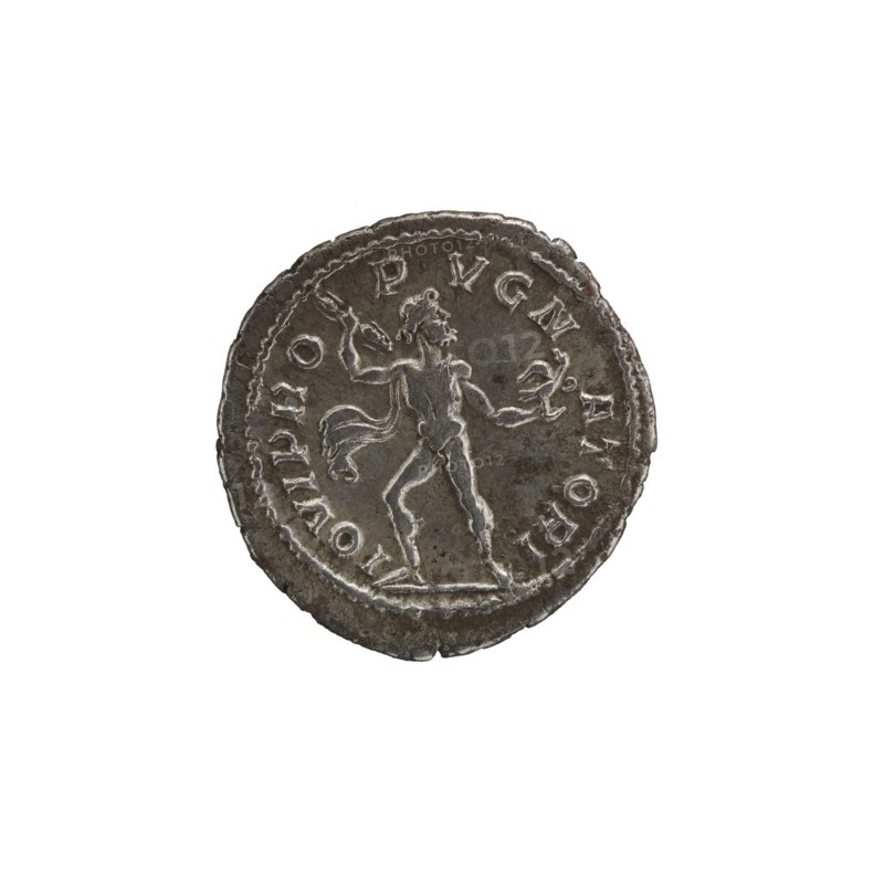 Denarius of Alexander Severus reigned 222–235 CE. Obverse: portrait of Alexander Severus Roman emperor, 222–235. Reverse: Jupiter Roman deity. Roman Empire; Rome mint. Coin; diameter ~19–20 mm; weight 3.29 g. Iconography dated ca. 231–235., A round metallic object with a worn, uneven rim showing a raised design of a human-like figure standing with arms extended and draped cloth, all in shades of gray and silver with darker gray patina in recessed areas; the surface shows scratches and small irregularities and the background is white.