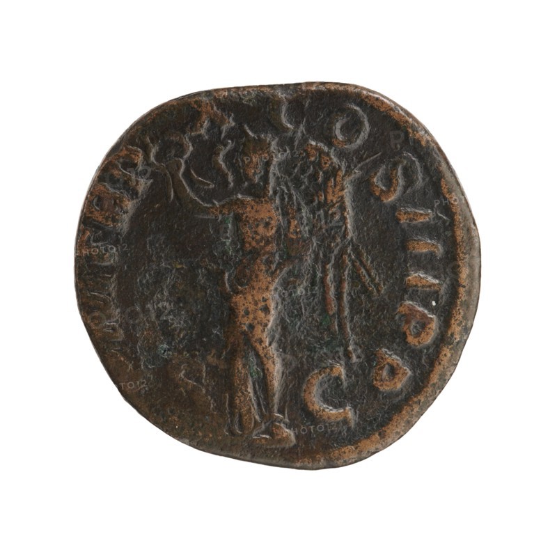 sestertius; Roman deities; Victoria mythology; Alexander Severus Roman emperor, 222–235 — iconography, 231; Roman Empire 27 BC–476, Rome mint; coin; diameter 27.5–29.0 mm; weight 16.45 g, A round, worn coin with a dark brown and copper patina showing a raised figure standing in the center; the figure appears to face sideways with visible limbs and a flowing drapery or garment. The coin surface has textured, irregular areas and spots of darker brown, lighter copper, and small hints of greenish corrosion. Around the edge there is a raised border with traces of raised marks and shapes. The background is white.