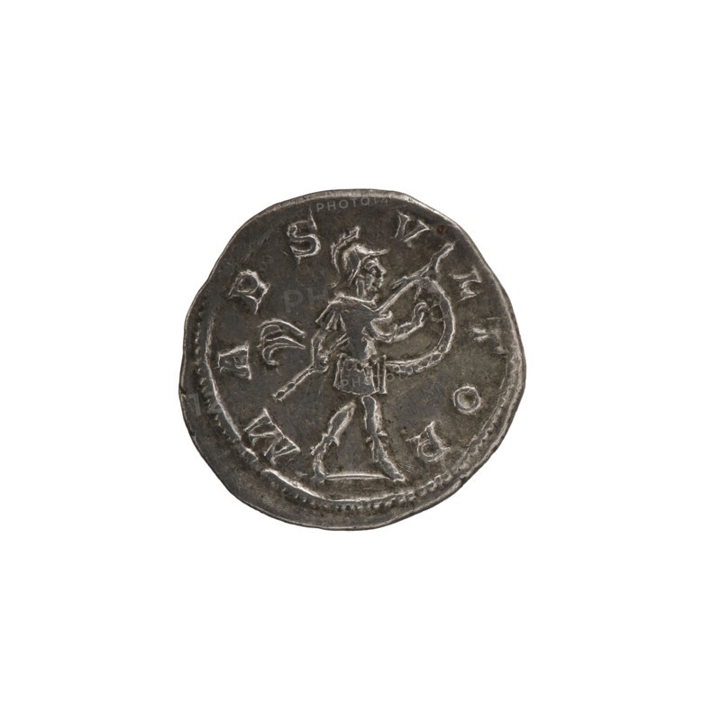 Denarius, Alexander Severus 208–235; Roman emperor 222–235. Obverse: bust of Alexander Severus; Reverse: Mars Roman deity. Iconography of Alexander Severus, dated 231–235 CE. Roman Empire; Rome mint. Coin; diameter 18.5–19.5 mm; weight 3.04 g., A round, worn metallic coin with a raised rim and an engraved figure in the center showing a person in profile wearing a helmet and holding a curved shield and a spear, surrounded by faint raised shapes and markings around the edge; visible colors include shades of gray, dark silver, and subtle darker patina on some areas, set against a plain white background.