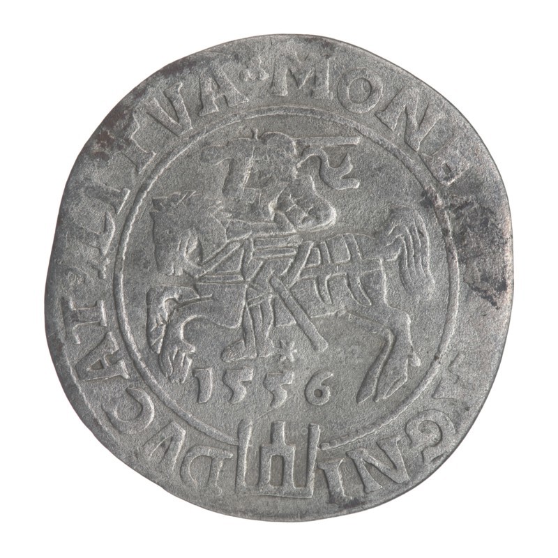 Lithuanian grosz on a Lithuanian foot, Sigismund II Augustus King of Poland; 1544–1572 author, coats of arms, Jagiellons dynasty, royal bust iconography, Polish coins, Sigismund II Augustus King of Poland; 1520–1572 - iconography, male busts, Pogon coat of arms; Lithuania, Columns of Gediminas coat of arms of Lithuania. Obv. Crowned male bust in armour with profile turned to the right, in the rim an inscription divided at the top by a crown cross: .SIGIS.AVG.REX.POL.MAG.DV. .IT. Rev. Lithuanian Pursuit facing left, below the date 1556 and the Column coat of arms dividing the inscription in the rim: MONE.. .AGNI - DVCAT9.LITVA, 1556. Poland, Grand Duchy of Lithuania, coin., A round metallic object with a worn, textured surface in shades of gray and silver, showing signs of darker tarnish in a few areas; the central area features a raised, embossed scene of a mounted figure on a horse with visible tack and a flowing element near the rider, all rendered in the same gray-silver material; a...