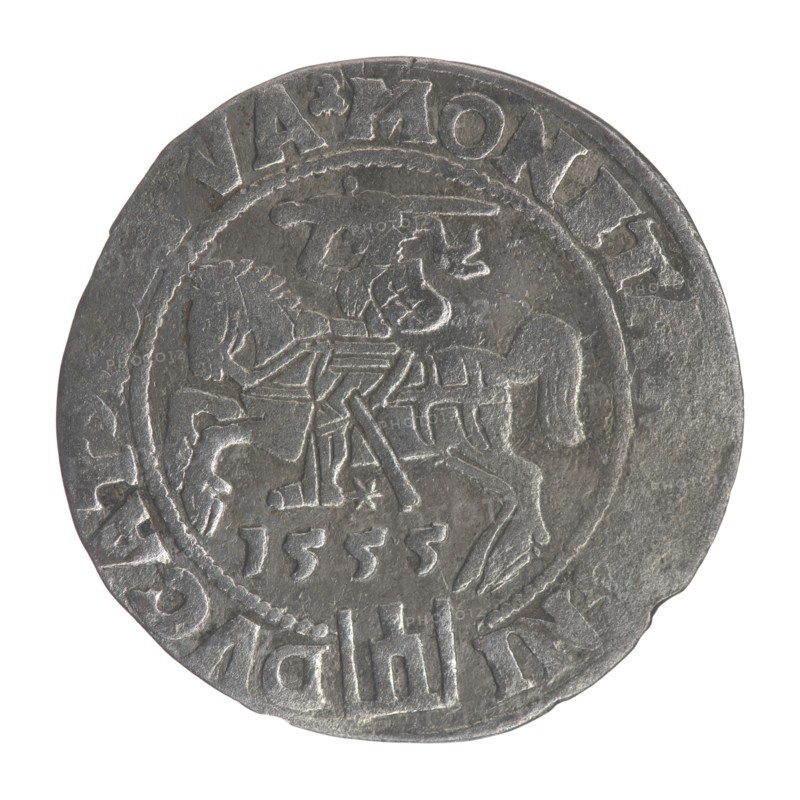 Lithuanian grosz on a Lithuanian foot, Sigismund II Augustus King of Poland; 1544–1572 author, coats of arms, Jagiellonians dynasty, royal bust iconography, Polish coins, Sigismund II Augustus King of Poland; 1520–1572 - iconography, Columns of Giedymin coat of arms of Lithuania, male busts, Pogon coat of arms; Lithuania. Obv. Crowned male bust in armour with profile turned to the right; in the rim an inscription divided at the top by a crown cross: .SIGIS ....REX.POL.M.. ..X.LIT. Rev. Lithuanian Pursuit facing left, below the date 1555 and the Column coat of arms dividing the inscription in the rim: MONETA ...NI - DVCAT. ...VA, 1555. Vilnius, Poland; Grand Duchy of Lithuania; coin., A round metallic object with a worn, uneven edge, showing a relief design of a figure on horseback at its center; the surface appears textured with engraved lines and raised borders forming a circular inner ring; the metal color is silvery gray with darker gray patina in recessed areas and slightly lighter...