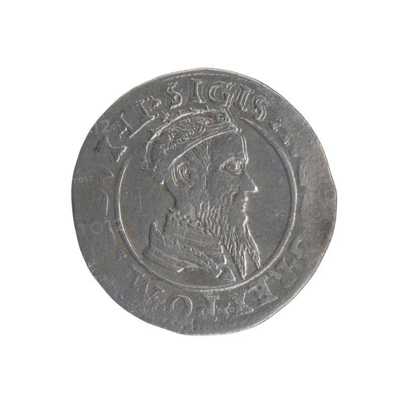 Lithuanian four-piece, Sigismund II Augustus King of Poland; 1544–1572, coats of arms, Jagiellons dynasty, Polish coins, Pogon coat of arms; Lithuania, male busts, royal bust iconography, Columns of Gediminas coat of arms, Sigismund II Augustus King of Poland; 1520–1572 — iconography. Obverse: Crowned male bust in armour turned right, inscription around: .SIGIS...G.REX.PO.MAG.DVX.LI. Reverse: Under the ducal mitre, two coats of arms with the Pogon and Columns coat of arms, below the value number IIII, in the rim the inscription: M....A.MAGNI.DVCAT.LITV1568. Dated 1568. Grand Duchy of Lithuania, Vilnius; coin., A round metallic coin with a worn surface showing a raised profile of a bearded man facing right inside a circular border, the portrait featuring a cap and layered collar details; the coin appears silver-gray with darker gray patina in recessed areas and lighter gray on raised portions, and the background around the coin is white.