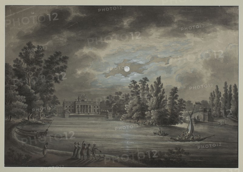 View of the Palace and Theatre in Lazienki by the Moon, Zygmunt Vogel 1764–1826, draughtsman; watercolor and drawing, 1795; dimensions 37.6 x 54.0 cm. Depicts Palace on the Isle and Theatre on the Isle in Royal Lazienki Park, Warsaw; nocturne scene with boats, aristocracy, walks, pond, park landscape in classicist vedute/genre style; inscriptions/annotations by author., A wide riverside scene under a cloudy sky with a bright round moon visible through breaks in the clouds, showing a large classical building set back among trees on the far bank, an island or heavily treed promontory to the right of the building, and a stone bridge or structure further right; on the water several small boats are afloat including a sailboat with people aboard and a few rowboats, while along the near shore a group of elegantly dressed figures stand together with another lone figure nearby and a small dog at their feet; dominant colors visible are shades of gray, black, muted blue, and pale beige, with dark...