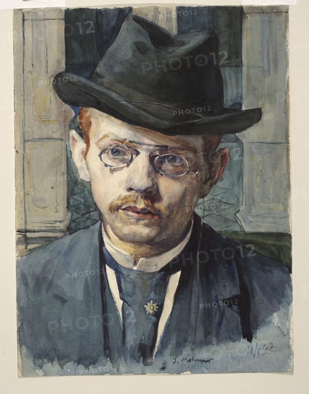 Self-portrait by Józef Mehoffer 1869–1946; watercolor drawing, 1892; height 28.9 cm, width 21.7 cm. Style: Young Poland; subject: self-portrait, male portrait., A painted portrait of a man wearing a dark hat and round glasses, shown from the shoulders up, with light skin, a short mustache, and short hair; he wears a dark coat over a lighter shirt and a dark cravat with a small decorative pin, and sits against a muted background of vertical and rectangular shapes. The visible colors include black, dark blue, navy, gray, pale beige, cream, pale pink, brown, reddish-brown, and green.