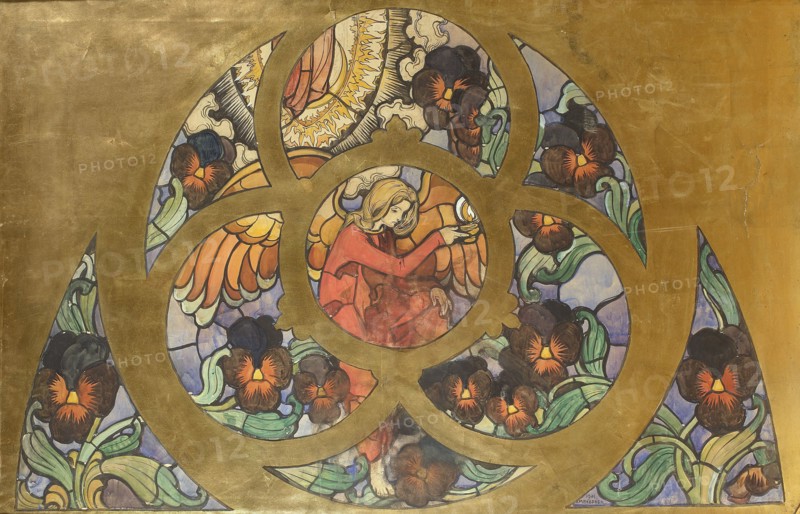 Angel of Eternal Light, design for a stained glass window for the Grauer family burial chapel in Opava overdoor, Mehoffer, Józef 1869-1946 painter / author, stained glass windows, angels iconography, pansy iconography, pansies bot., Art Nouveau style, plant symbolism, Gothic Revival style, flowers symbol., Grauer, Ignaz ?-1915, Grauer, Regina 1846-1898, stained glass window designs, cemetery chapels, burial chapels, Angel of Eternal Light, Our Lady of the Immaculate Conception iconography, flaming mandorla iconography, oil lamp attribute, Faithful Memory allegory, Young Poland style, Mehoffer, Józef 1869-1946, Polish painting, Polish culture, Czech culture, flowers, 1901, watercolor, drawing, height 102 cm, width 156 cm, A circular stained-glass style composition set against a metallic gold background shows a central roundel with a seated figure wearing a red garment and with light blond hair, holding a small glowing cup; surrounding the roundel are interlocking curved bands in gold th...