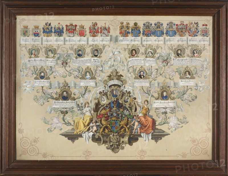 Genealogy of the De Vaux and Lanckoronski families; Ernst Krahl 1858–1926, painter; 1889, Vienna; watercolor drawing; 75 × 103.5 cm. Subjects: genealogy, allegories, heraldry, coats of arms, female and male portraits., A framed decorative chart with a wide dark brown wooden frame surrounds a cream-colored background filled with ornate painted elements; along the top edge there is a row of several colorful heraldic shields and crests in red, blue, gold, and green. Beneath and across the composition are a few scroll-like banners and many flowing acanthus-style foliage motifs in pale green, muted gray, and soft pink. Scattered through the foliage are a group of small oval portraits of people rendered with realistic skin tones, dark and light hair, and clothing in subdued blues, browns, and creams. At the lower center is an elaborate central coat of arms with metallic gold detailing, deep blue and green fields, and red accents, flanked by two seated allegorical female figures wearing robes...