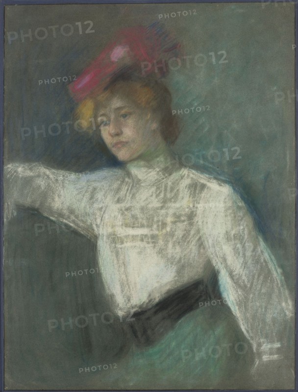 Portrait of a Woman in a Red Hat, Olga Boznanska 1865–1940, painter; female portrait; Young Poland style; Poland; Polish painting; portraits; after 1900; pastel; height 75 cm, width 56.5 cm; unknown provenance., A seated woman wearing a white blouse and a dark belt is shown against a muted green-gray background, her face turned slightly to the side with a neutral expression and light skin tones, and she has reddish-blond hair with a bright pink hat adorned with a feather; the composition includes shades of green, gray, white, pink, yellow, brown, and black.